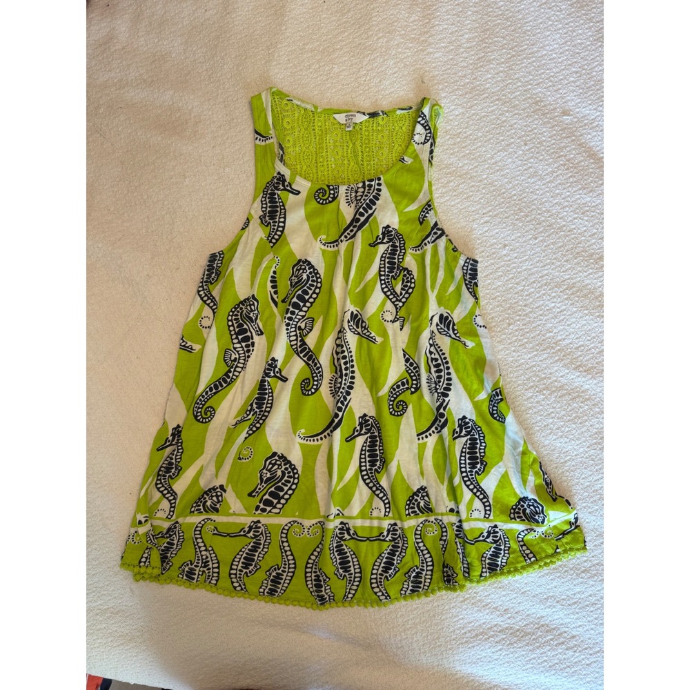 Crown & Ivy Lime Green Seahorse Print Crochet Back Pom Pom Trim Tank Top Small